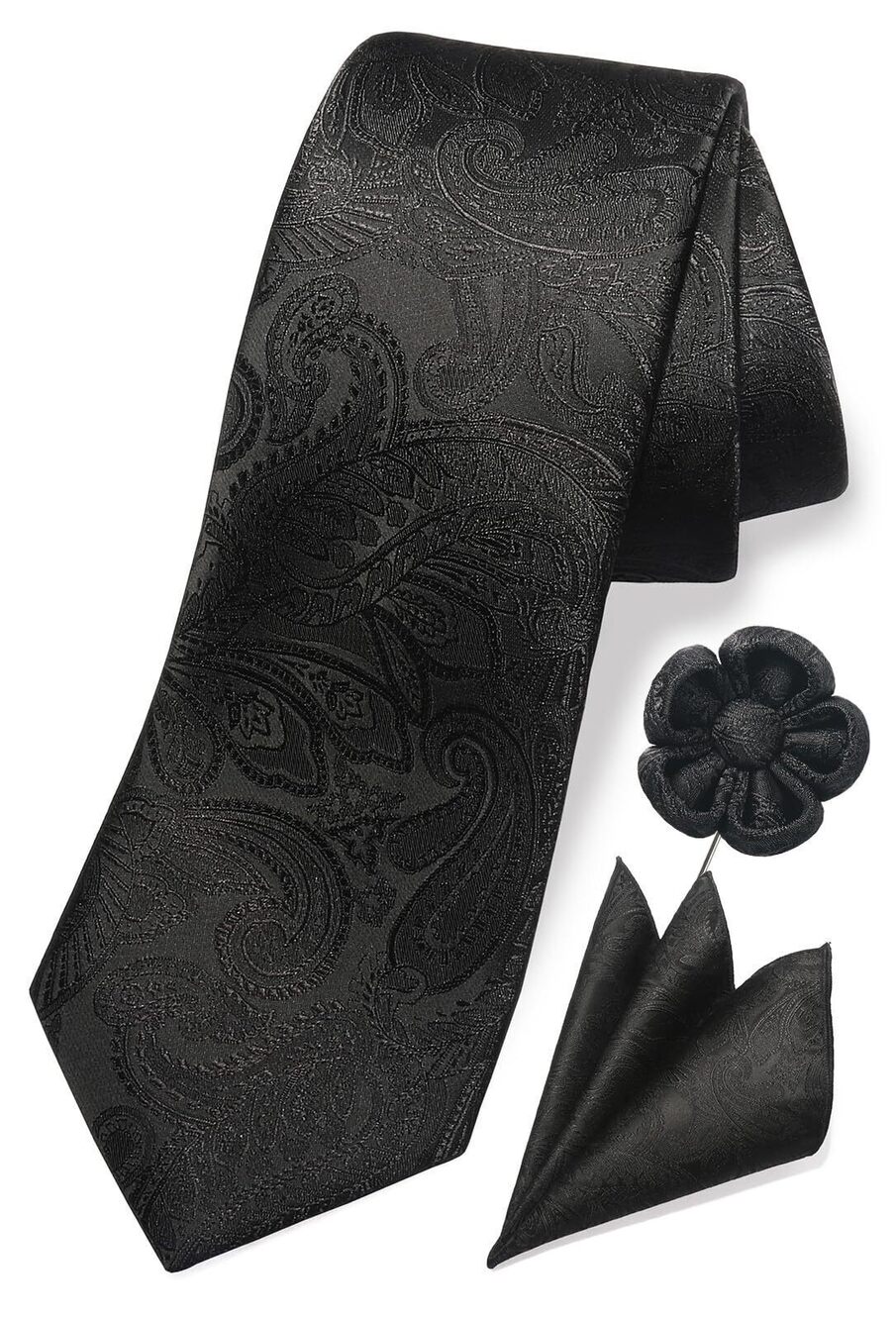 6148 Black Tie Thin Black Ties Paisley Neckties and Pocket Squares Set
